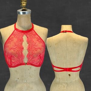 Victorias Secret Very Sexy bra bralette 34C coral pink lace halter open back y2k